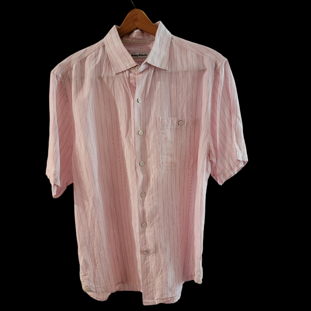 Tommy Bahama‎ Men's Sand Linen Valencia Stripe Short Sleeve Shirt Rose - Picture 3 of 14